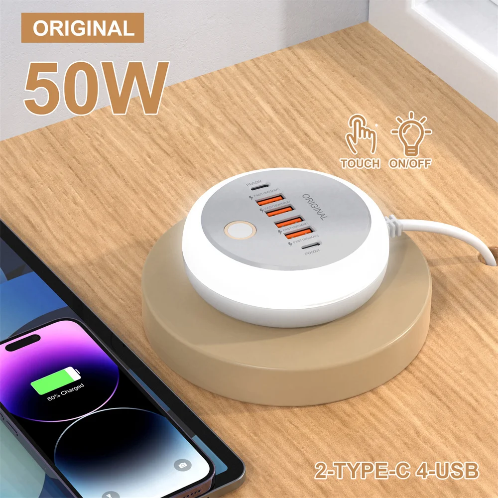Cargador multipuerto 50W tipo C cargador de pared de carga rápida regleta para iPhone Samsung Xiaomi cargador de teléfono de carga rápida de 6 puertos - imagen 5