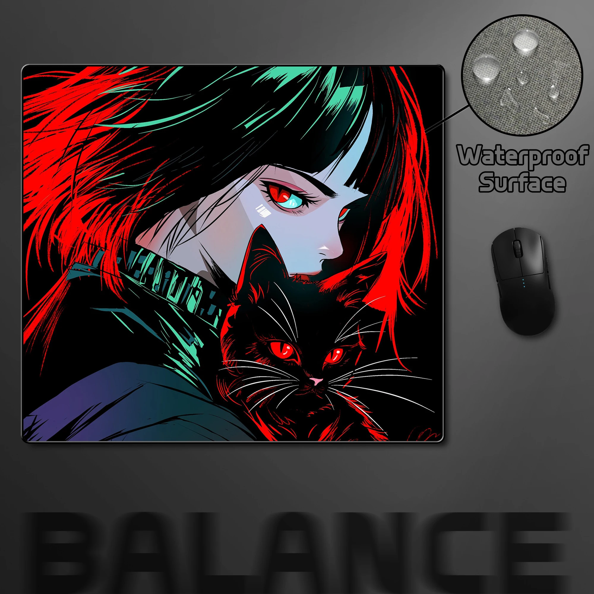 Alfombrilla de ratón de juego de Anime de gato negro estilo Cyberpunk para jugadores, alfombrilla de ratón profesional para deportes electrónicos, alfombrilla de ratón impermeable de equilibrio XL - imagen 2