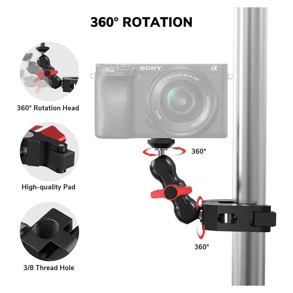 Cabezal de bola de 360 ° para cámara SLR, soporte de abrazadera para DSLR Rig, Monitor LCD, luz LED, Flash, trípode, brazo mágico, accesorio de estudio fotográfico - imagen 3