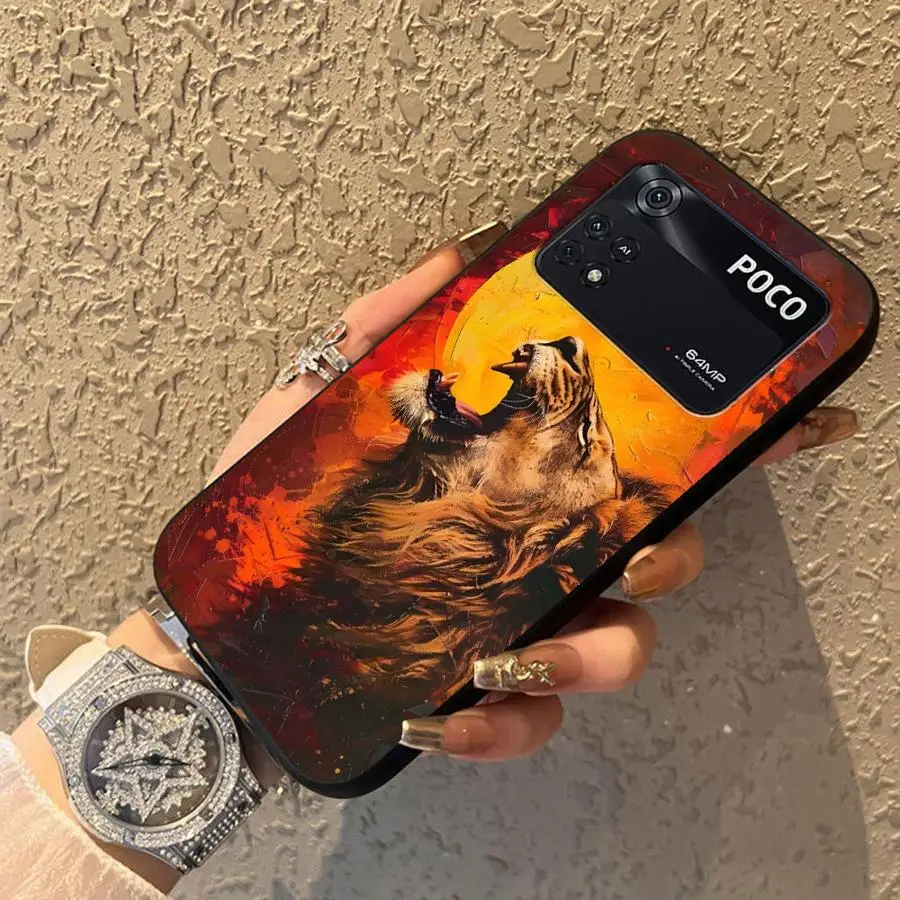 Funda de teléfono suave negra para Xiaomi Poco C40 X3 X4 X5 X7 Pro C75 F3 C50 F1 C71 M3 M4 M7 Pro C61 M5 pintura de Color sol León - imagen 5