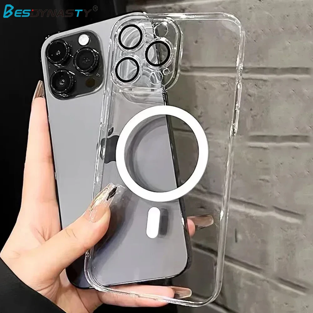 Funda magnética dura transparente para Magsafe para iPhone 16, 15, 14, 13, 12, 11 Pro Max Plus, películas para lentes, carga inalámbrica, cubierta ultrafina para PC