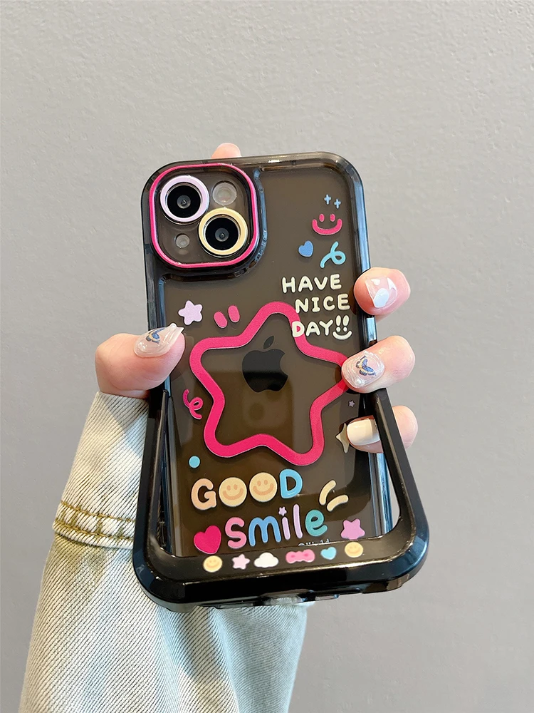 Funda plegable con soporte y estrellas de cara sonriente de dibujos animados para iPhone 16 17 Pro Max 15 14 13 12 11 15 Plus, funda transparente de TPU para teléfono - imagen 2