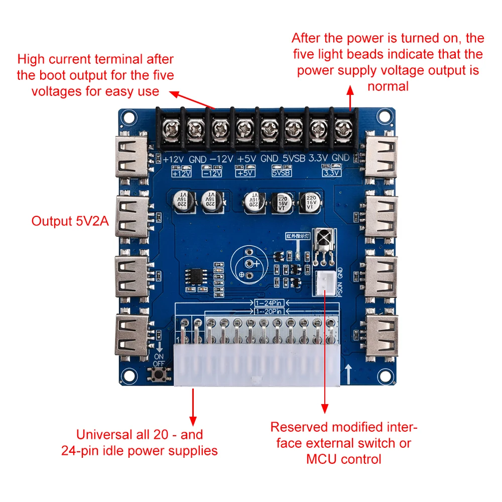 Fuente de alimentación ATX de 20/24 Pines, placa adaptadora con detección infrarroja, 5V/2A, carga USB, chasis de escritorio - imagen 3