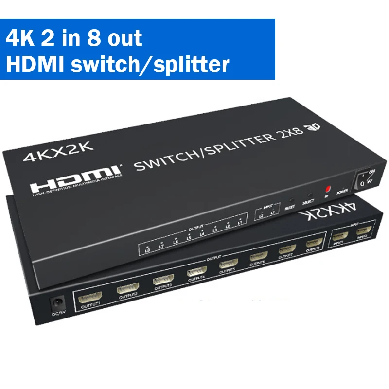 Conmutador HDMI 4K 2 en 8 salidas, divisor de interruptor HDMI, distribuidor de vídeo 2x8, 1 fuente a 8 pantallas, copia de pantalla para Monitor de TV de PC