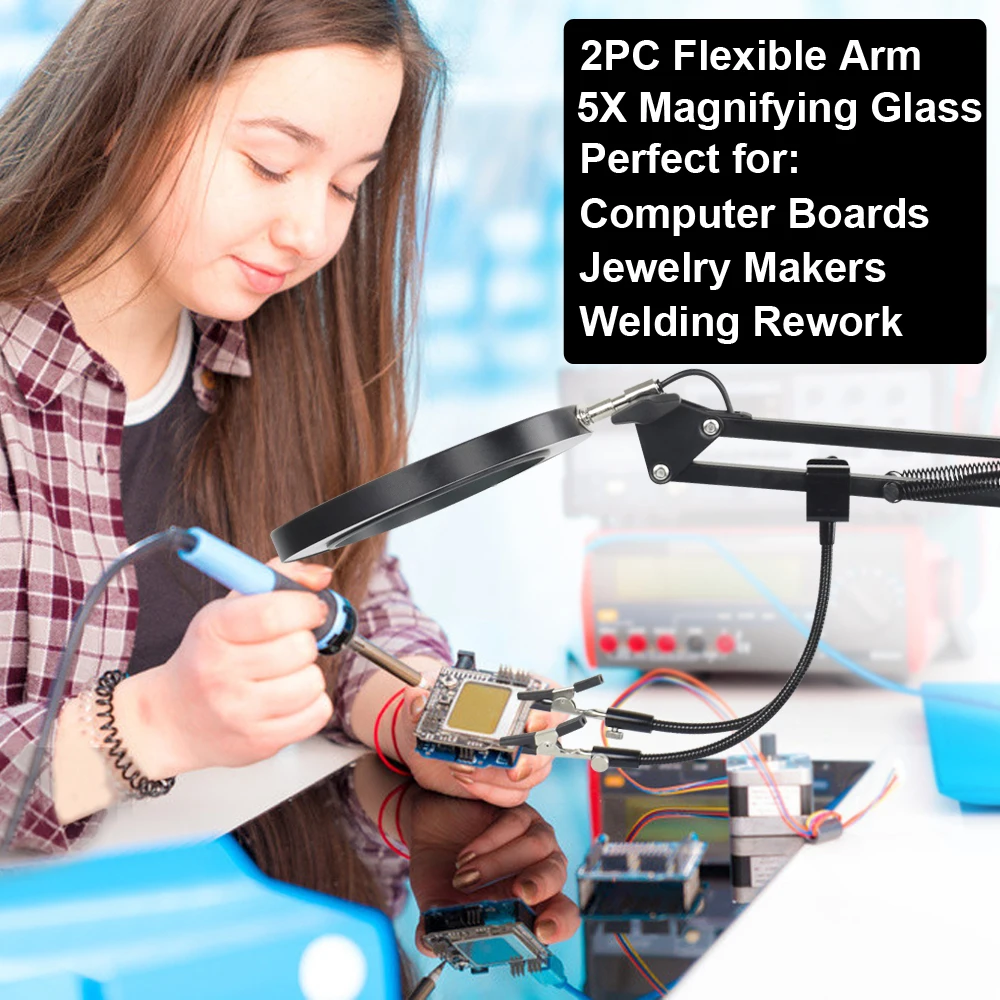 NEWACALOX-lupa 5X con luz, 2 brazos flexibles, soldadura, abrazadera de banco de tercera mano, lámpara de reparación de soldadura para trabajo cercano - imagen 5