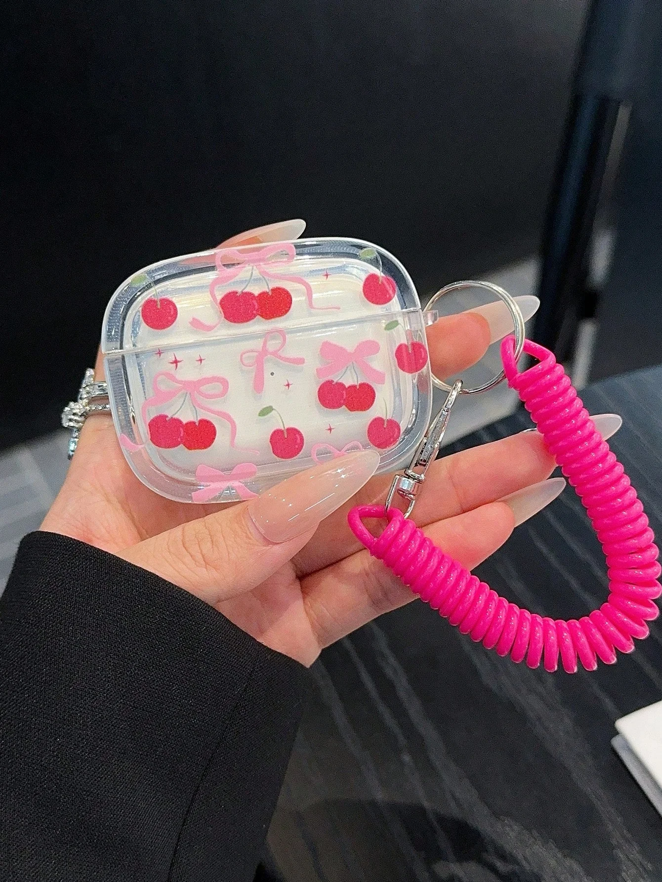 Bonita pajarita rosa y cereza con funda para auriculares con cuerda de resorte rosa-roja para AirPods 1 2 3 4 Pro Pro2 - imagen 5