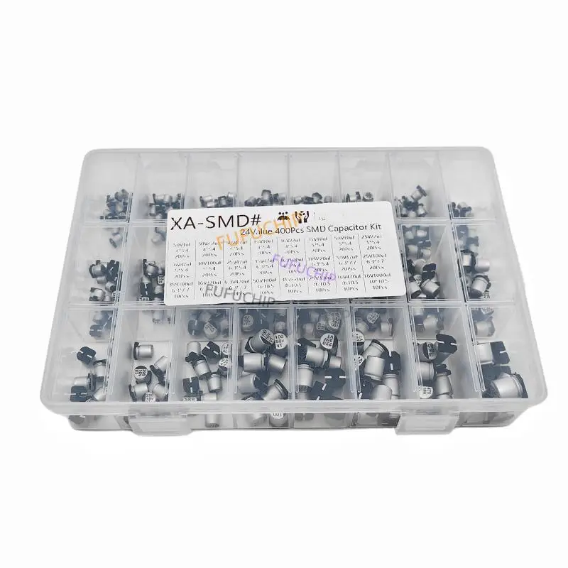 Condensadores electrolíticos de aluminio Kit surtido SMD 400 piezas 24 valores SMD 1 uF ~ 1000 uF 6,3 V-50 V 24 valores con caja - imagen 3