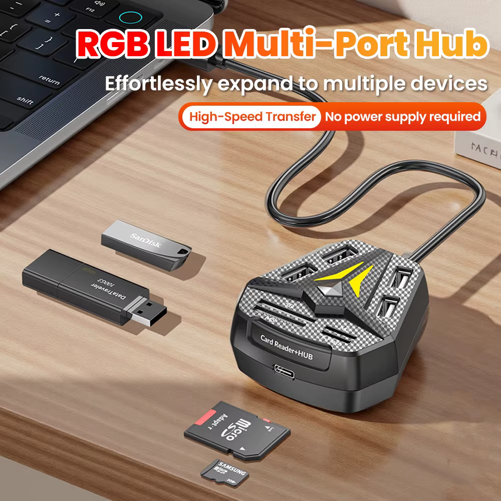 HUB USB 2,0 multifuncional, lector de tarjetas MS/SD/M2/TF, concentrador multipuerto combinado para accesorios de ordenador portátil, adaptador tipo C