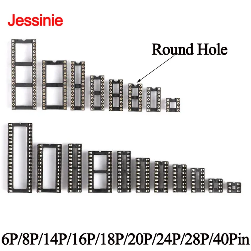 10 Uds IC enchufe redondo agujero cuadrado DIP 6 8 14 16 18 20 24 28 40 Pin conector IC asiento ancho estrecho 6P/8P/14P/16P/18P/20P/24P/28P