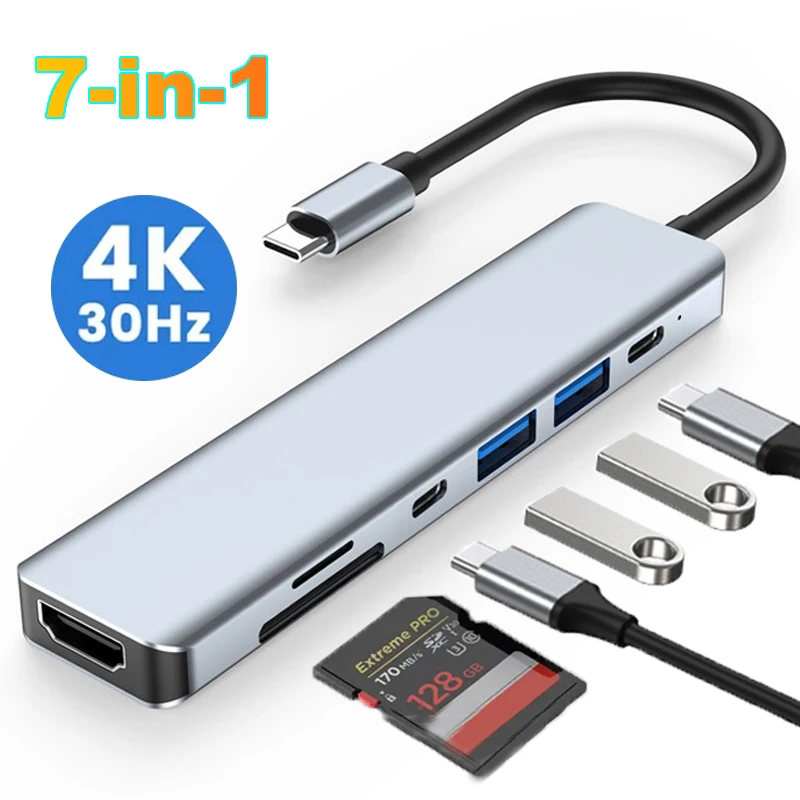 Estación de acoplamiento USB C 7 en 1, adaptador compatible con HDMI 4K, concentrador USB 3,0 tipo C a HDMI PD 87W, divisor USB C para ordenador portátil Macbook Pro