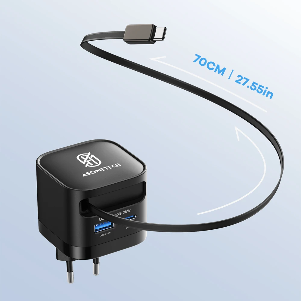 Cargador USB GaN de 35W con Cable retráctil tipo C, cargador rápido de 3 puertos QC3.0 PD3.0 PPS para iPhone 16 15 14 Samsung Xiaomi Tablet - imagen 4