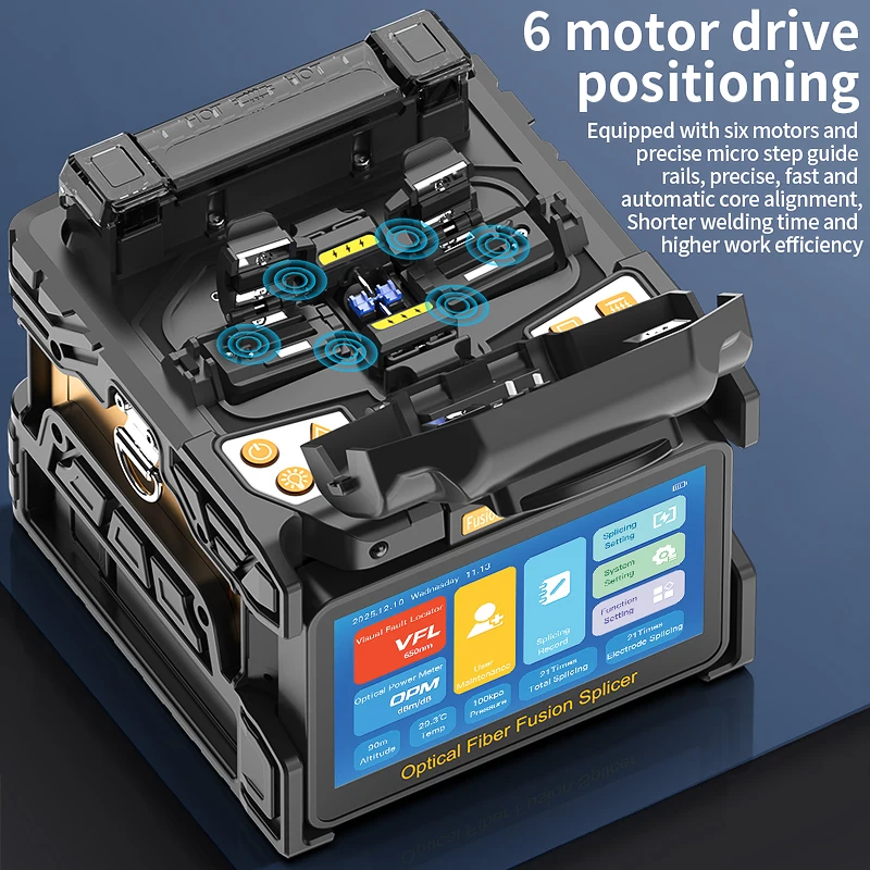 Empalmador Fuison de fibra totalmente automático, 6 motores, A-10, pantalla táctil multilingüe, núcleo de fibra óptica, máquina de fusión en caliente, VFL OPM integrada - imagen 4