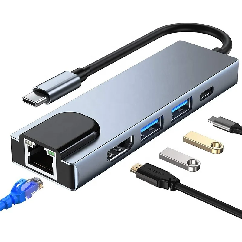 Adaptador HDMI 5 en 1 4K USB-C USB C Hub tipo C a HDMI 4K USB 3,0 2,0 1000Mbps Gigabit Ethernet PD convertidor adaptador de concentrador de carga