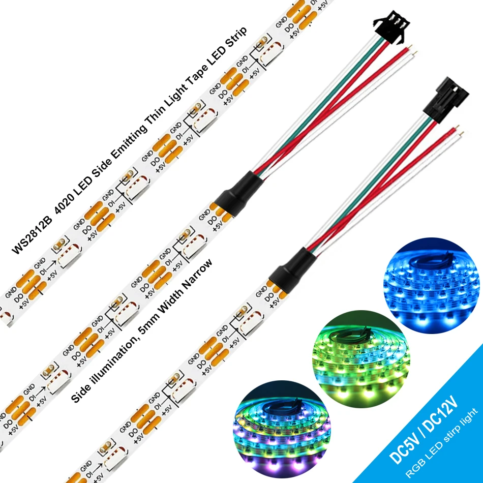 Tira de luces LED Digital de emisión lateral DC5V 12V WS2812B SK6812 4020 IC 60LEDs/m 5mm RGB a todo color direccionable individualmente IC cinta led