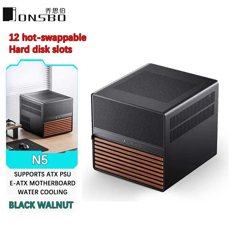 JONSBO-carcasa N5 NAS compatible con placas base ITX/M-ATX/ATX/E-ATX, PSU ATX, soporte de madera maciza de nogal de América del Norte, refrigeración por agua