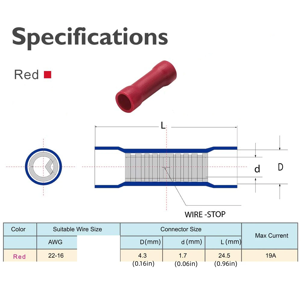 50/100 Uds. Conectores a tope rojos engarzados 22-16 AWG conector a tope cable de PVC aislado conectores de empalme a tope calibre 22-16 - imagen 4