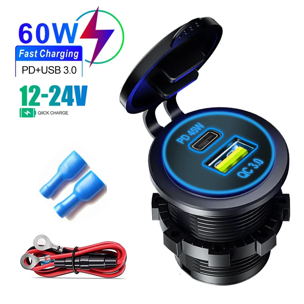 Enchufe de cargador de coche de 60W PD3.0 y QC3.0 puertos USB C dobles carga rápida impermeable 12V/24V para adaptador de motocicleta de barco de camión de coche