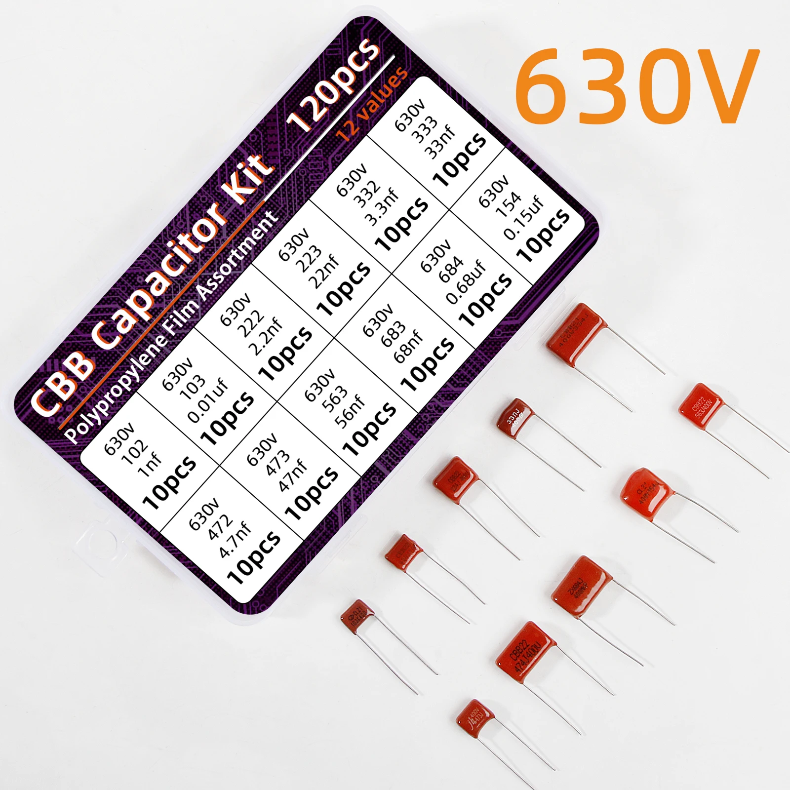 Kit surtido de condensadores CBB de 120 piezas Condensadores de película de polipropileno metalizado - imagen 3