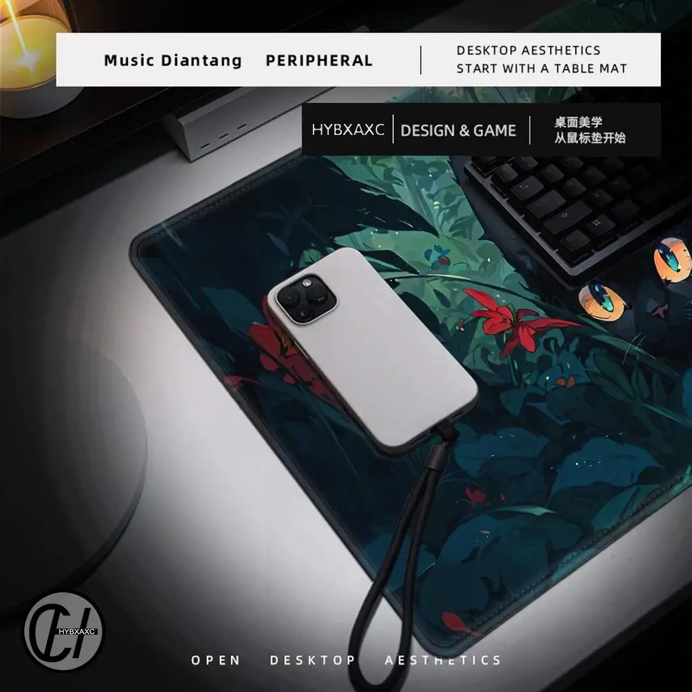 Alfombrilla de ratón para juegos Lofi Cat Green Plant, accesorios para PC, alfombrillas de goma antideslizantes impermeables para teclado, alfombrillas para oficina, portátil, escritorio en casa - imagen 5