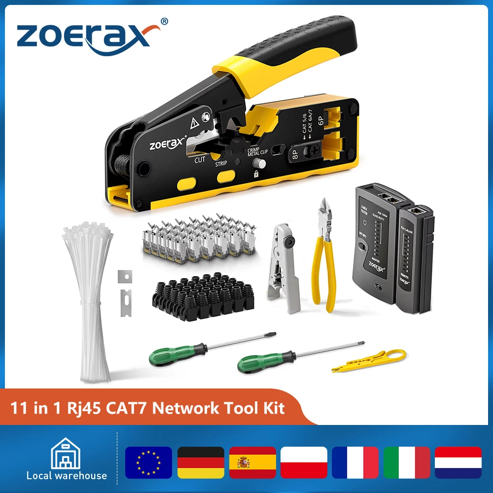 ZoeRax 11 en 1 RJ45 Cat7 Cat6A Kit de herramientas de engarzado, probador de cables, cortador de cables, cuchillas Cat7 conectores y botas bridas para cables destornilladores