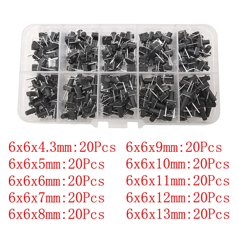 200 unids/caja Micro interruptor táctil 6x6mm 2 pines táctil botón momentáneo interruptor 6x6x4,3mm/5/6/7/8/9/10/11/12/13mm - imagen 5
