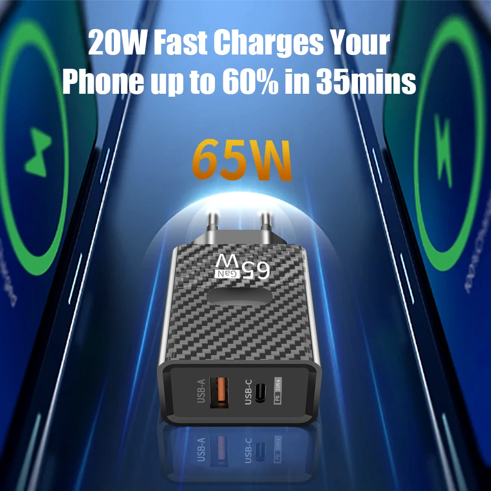 Cargador USB GaN tipo C, adaptador de carga rápida 3,0, 65W, PD, para iPhone 15, 14, 13, 12, Xiaomi, Samsung - imagen 5