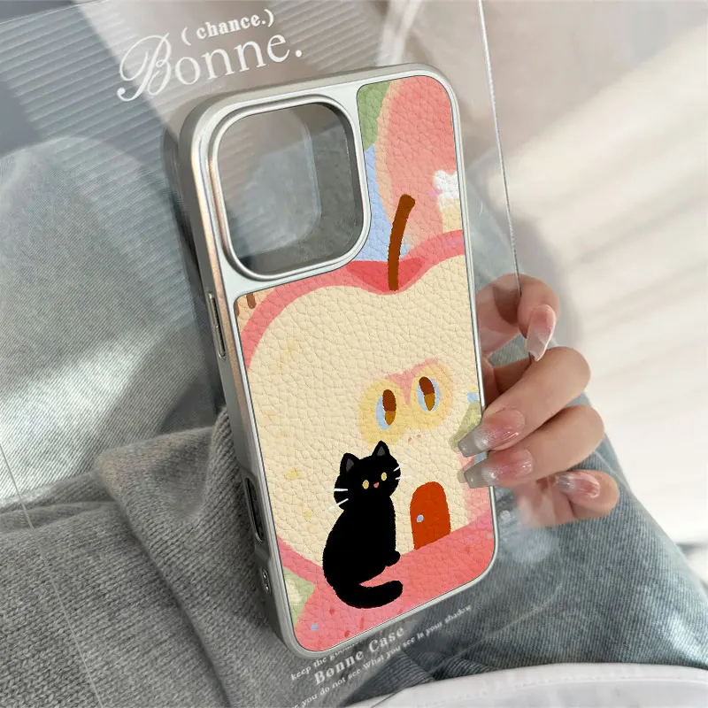Funda de teléfono con textura de cuero con patrón de gato Apple para iPhone11/12/13/14/15/16/60 Pro Max AIR PLUS