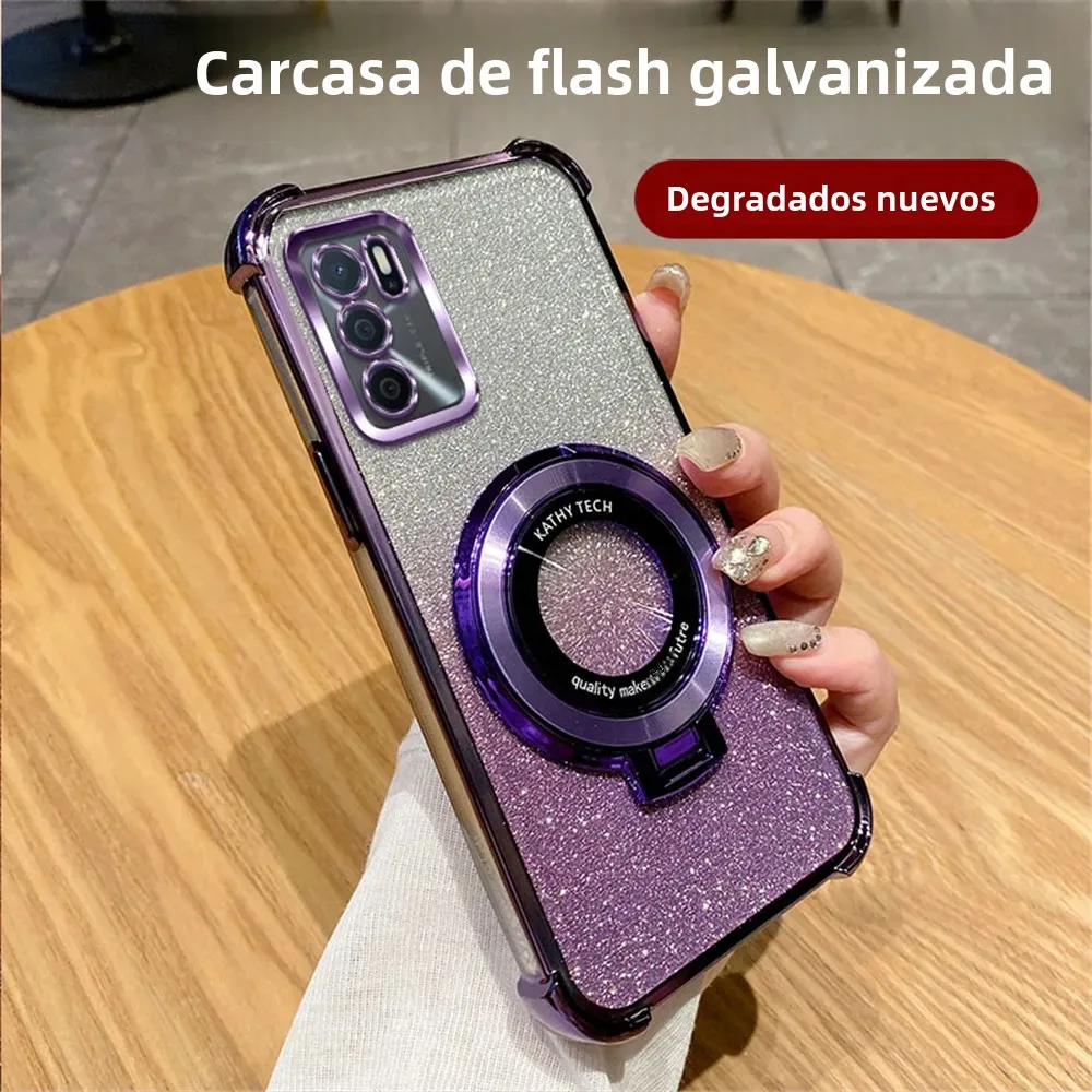 Funda con soporte para teléfono con soporte chapado a prueba de golpes con purpurina para OPPO A16 A16S A17 A15 A53 A36 A76 A5 A9 2020 A54S A53S, funda suave con soporte - imagen 2