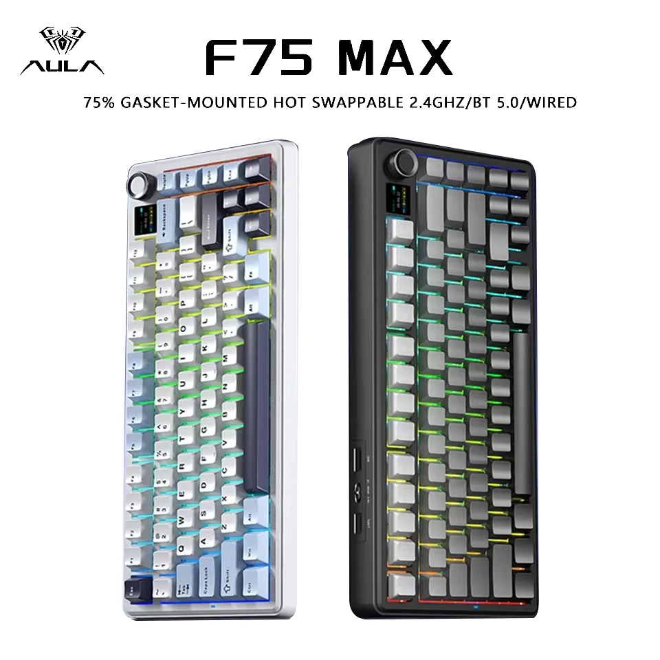 Teclado mecánico inalámbrico AULA F75 MAX con perilla de pantalla TFT, diseño 75% ANSI, teclado para juegos de deportes electrónicos con cable/Bluetooth/2,4G