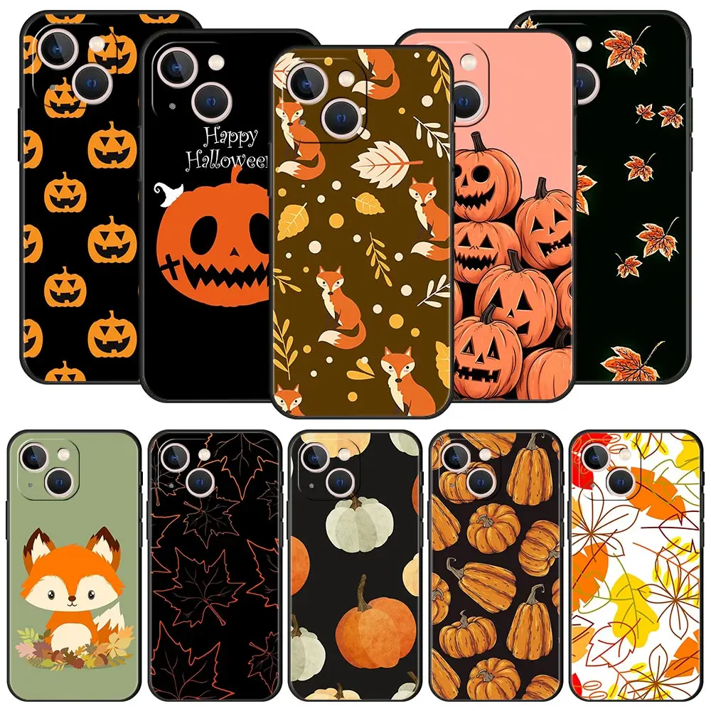 Funda de teléfono de lujo para iPhone, carcasa negra con hojas de otoño, zorro, calabaza, Halloween, 15, 13, 14, 12, 11 Pro MAX, XR, X, SE, XS, 7, 8 Plus