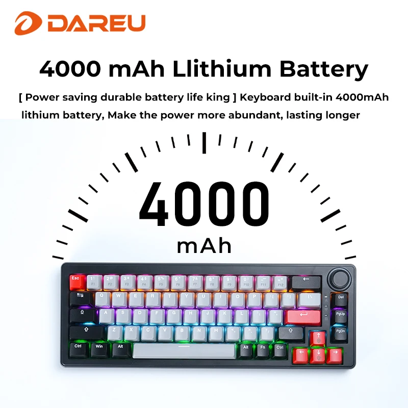 DAREU-teclado mecánico inalámbrico para jugar, 2,4G, 4000mAh, interruptor rojo, todas las teclas, iluminación arcoíris sin conflictos con perilla multifunción - imagen 3