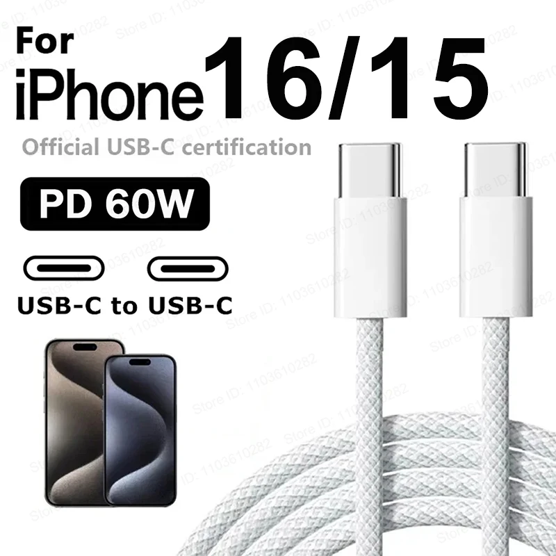 Cable cargador rápido Original 60W PD USB-C USB C para Apple iPhone 17 Air 16 Pro Max 15 Plus tipo C carga rápida Xiaomi Samsung
