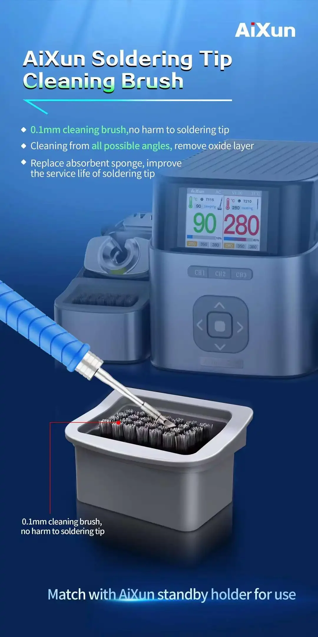 JC JCID AiXun cepillo de limpieza de puntas de soldadura limpiador extraíble para evitar puntas de soldador de quitar la herramienta de reparación de capas de óxido - imagen 4