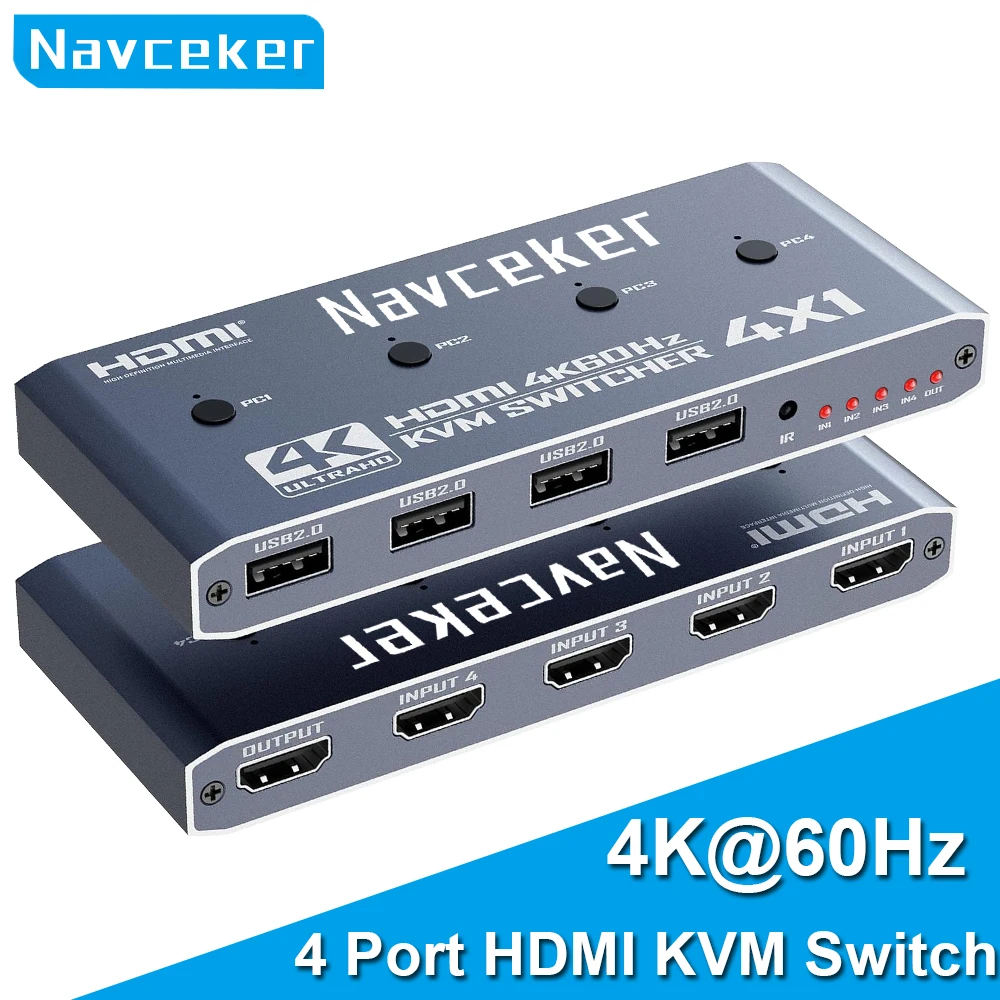Navceker 2K 120Hz 4X1 HDMI KVM Switcher 4 puertos 4K USB HDMI KVM 4 PC Switch 144Hz estación de acoplamiento compartir 1 Monitor ratón teclado