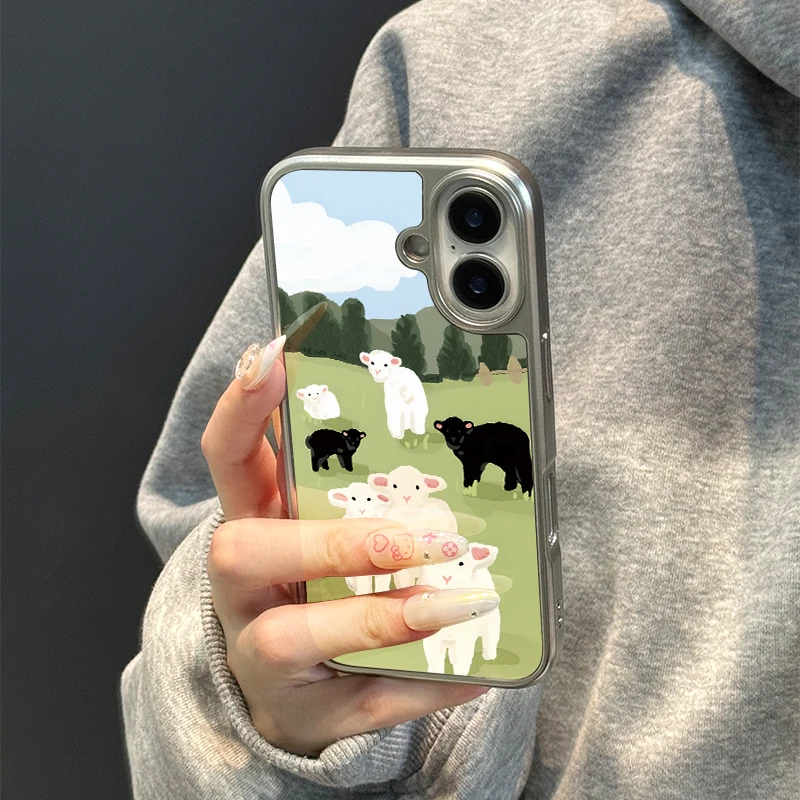 Funda de teléfono anticaída de TPU epoxi con borde plateado de ovejas blancas y ovejas negras para iPhone XR/11/12/13/14/15/16/17 Pro Max - imagen 5