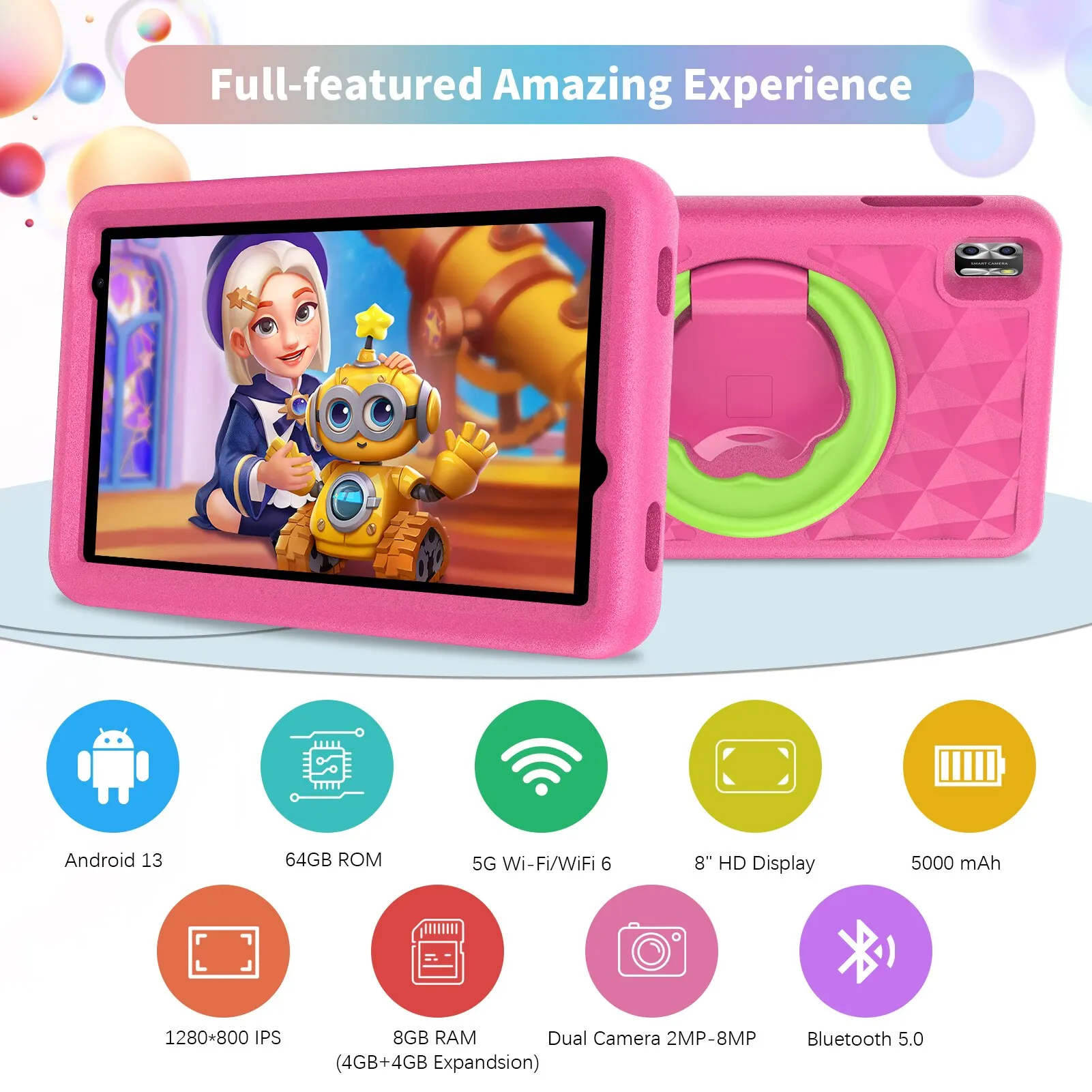 VASOUN-Tableta de 8 pulgadas para niños, dispositivo con Android 13, Quad Core, 8GB RAM + 64GB ROM, 5000mAh, cámara Dual, WiFi, Control Parental - imagen 2
