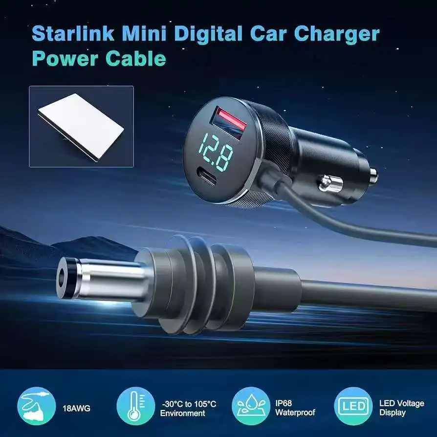 Cable de alimentación 3 en 1 para Starlink Mini DC, cargador rápido de 65W, enchufe USB tipo C, encendedor de cigarrillos con pantalla de voltímetro LED