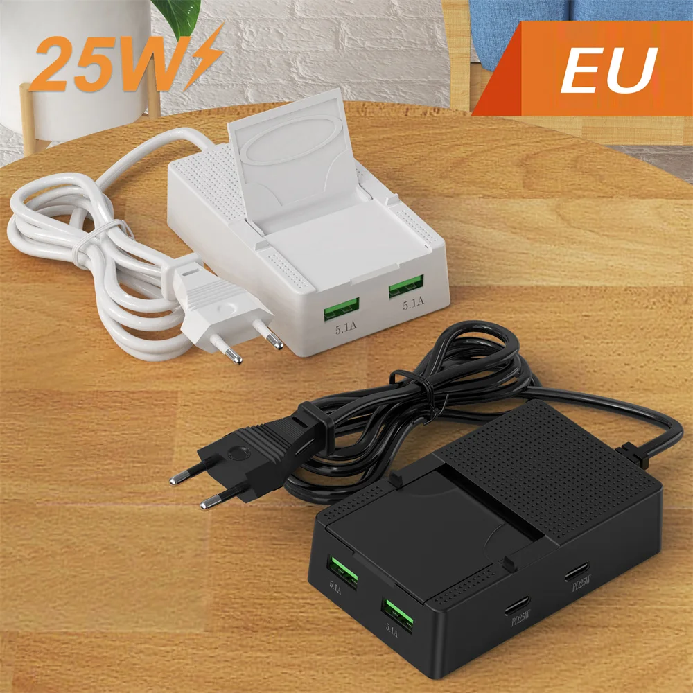 Cargador USB multipuerto de 25W PD tipo C, carga rápida, enchufe UE EE. UU., cargador de pared con soporte para teléfono, adaptador de teléfono de carga rápida de 4 puertos - imagen 4
