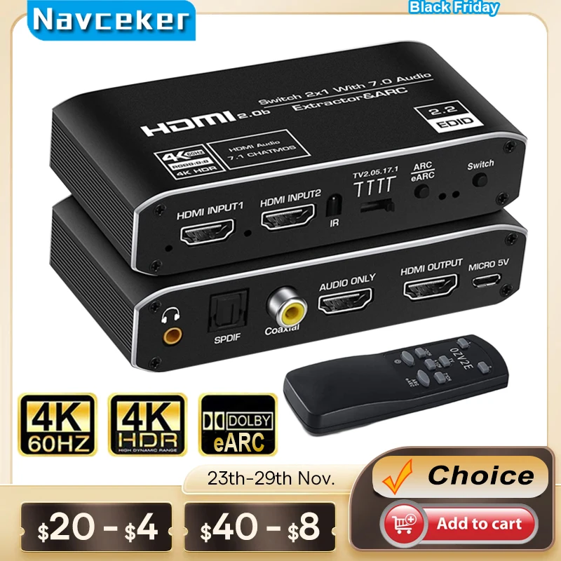 Interruptor con Extractor de Audio, 2x1, 4K, 120Hz, HDMI, ARC óptico, Toslink, HDMI 2,0, 4K, 60Hz, mando a distancia para Apple TV, PS4 - imagen 2