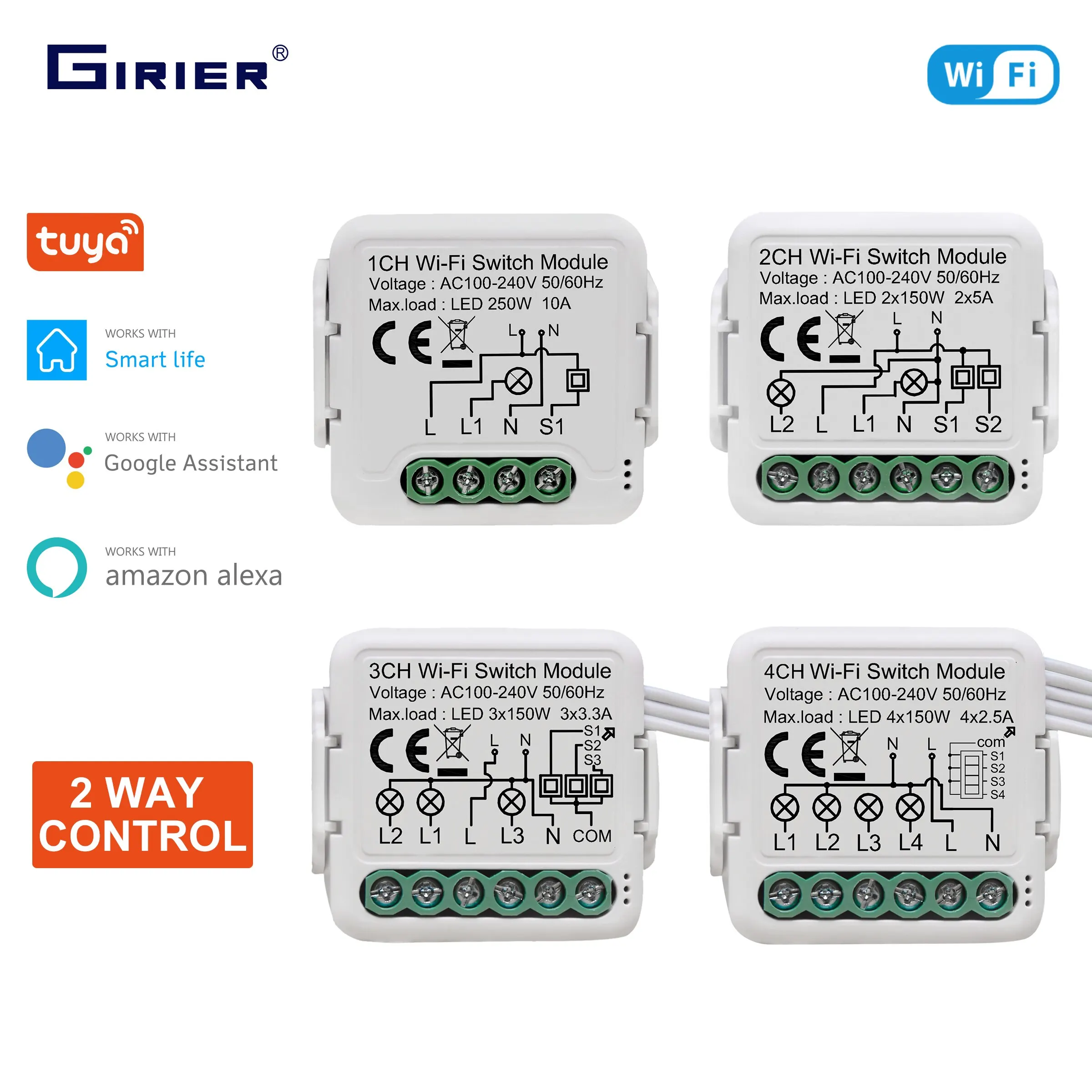 GIRIER Tuya Wifi módulo de interruptor de luz inteligente compatible con Control de vía aplicación remota Control DIY disyuntor 100-240V trabajo Alexa Google Home - imagen 2