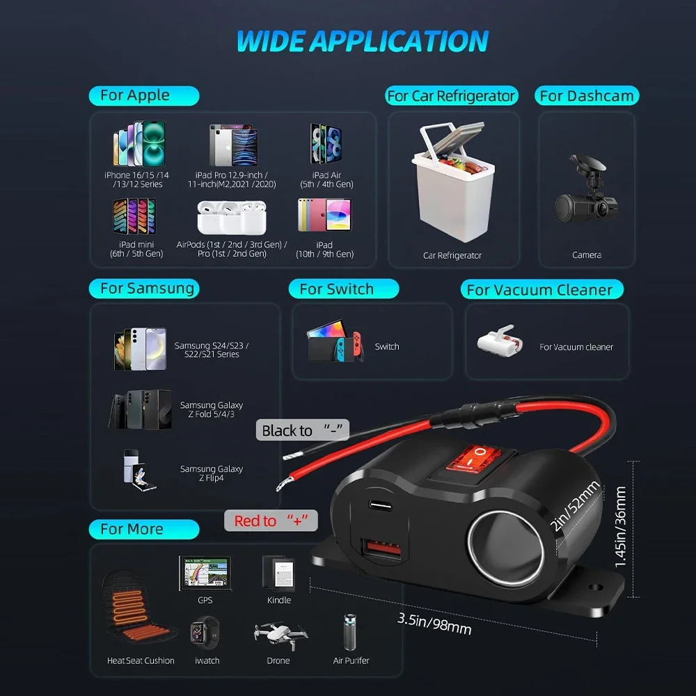 Cargador de coche 36W PD3.0 + 18W QC3.0 con interruptor de alimentación, salida USB de 12V, enchufe de encendedor de cigarrillos para coche, RV, motocicleta marina, camión, ATV - imagen 5
