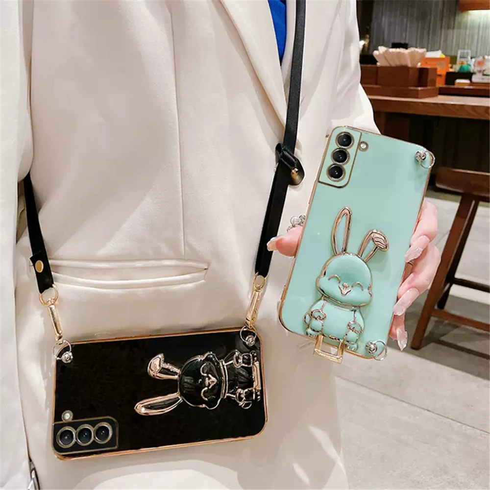 Funda de teléfono con cordón cruzado y soporte de conejo enchapado para Huawei P50 P40 P30 P20 Pro Lite Mate 20 30 40 50 Pro P Smart 2021 - imagen 2