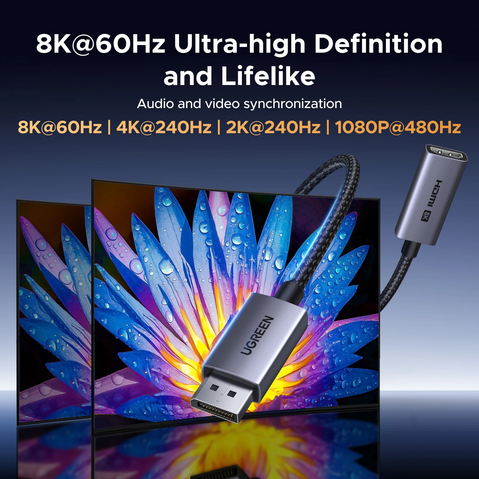 UGREEN Displayport 1.4 DP a HDMI Adaptador 8K 60Hz Convertidor, puerto de pantalla unidireccional a HDMI Convertidor VRR HDR HDCP2.3 0,2 m - imagen 3