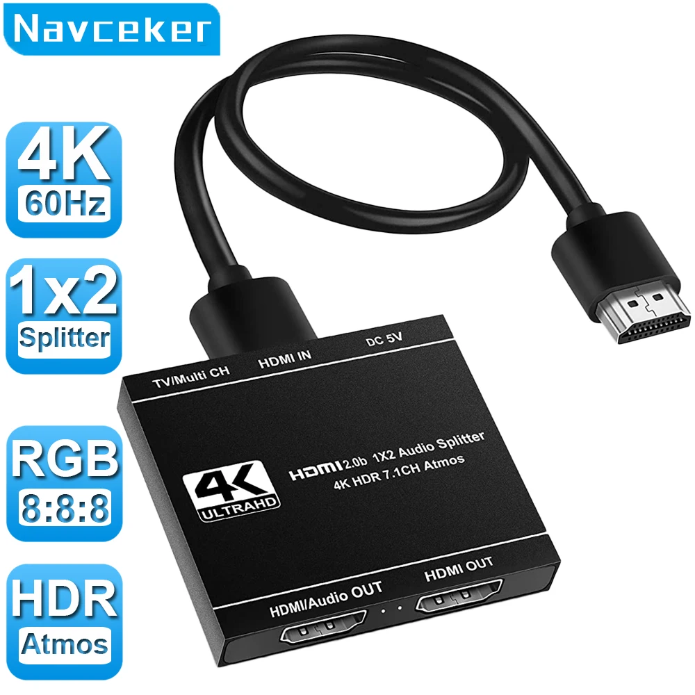 Navceker 4K HDMI Splitter 1x2 HDMI 2.0 Splitter 1 en 2 salidas HDMI Extractor de Audio HDR HDMI2.0 Divisor para PS4 Apple TV XBox PS5