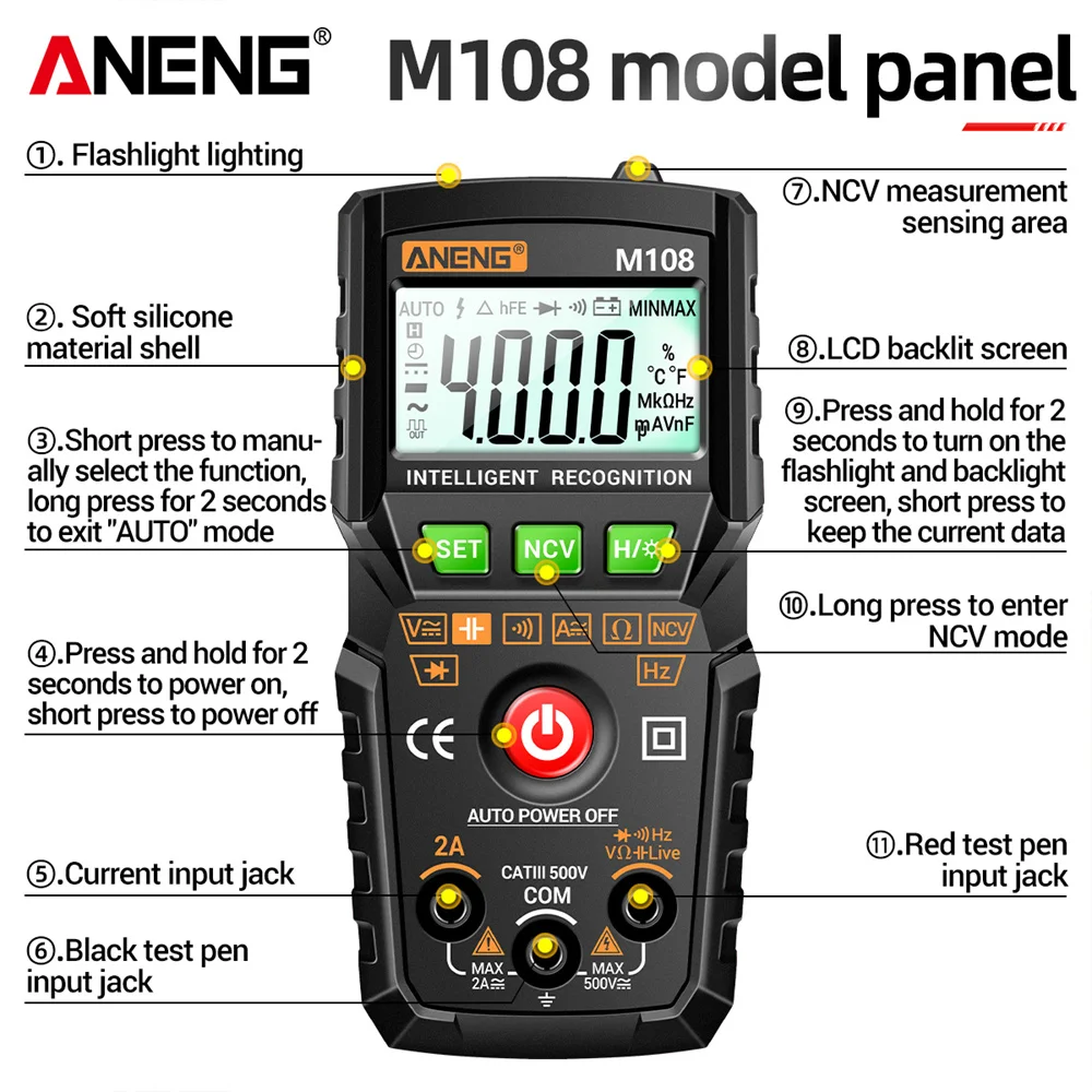 ANENG-Mini multímetro Digital M108, probador de voltaje de Corriente CA/CC sin contacto, medidor de capacitancia de resistencia, 4000 recuentos - imagen 4