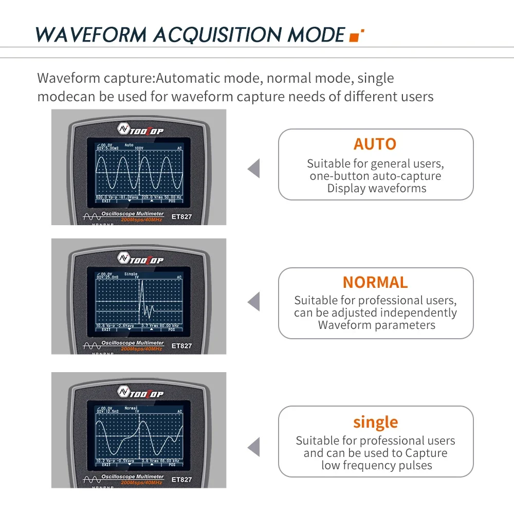 TOOLTOP-osciloscopio Digital portátil ET827, multímetro analógico de 200 cuentas, ancho de banda, prueba de mantenimiento multiusos, 6000 Ms/S, 40MHz - imagen 4