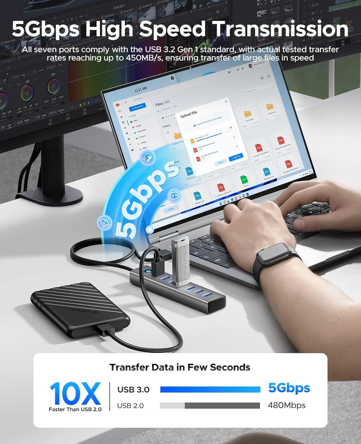 ORICO USB-A 3,0 HUB 4/7 puertos divisor aleación de aluminio + ABS transmisión de alta velocidad 5Gbps HUB expansión accesorios de PC para ordenador portátil - imagen 3