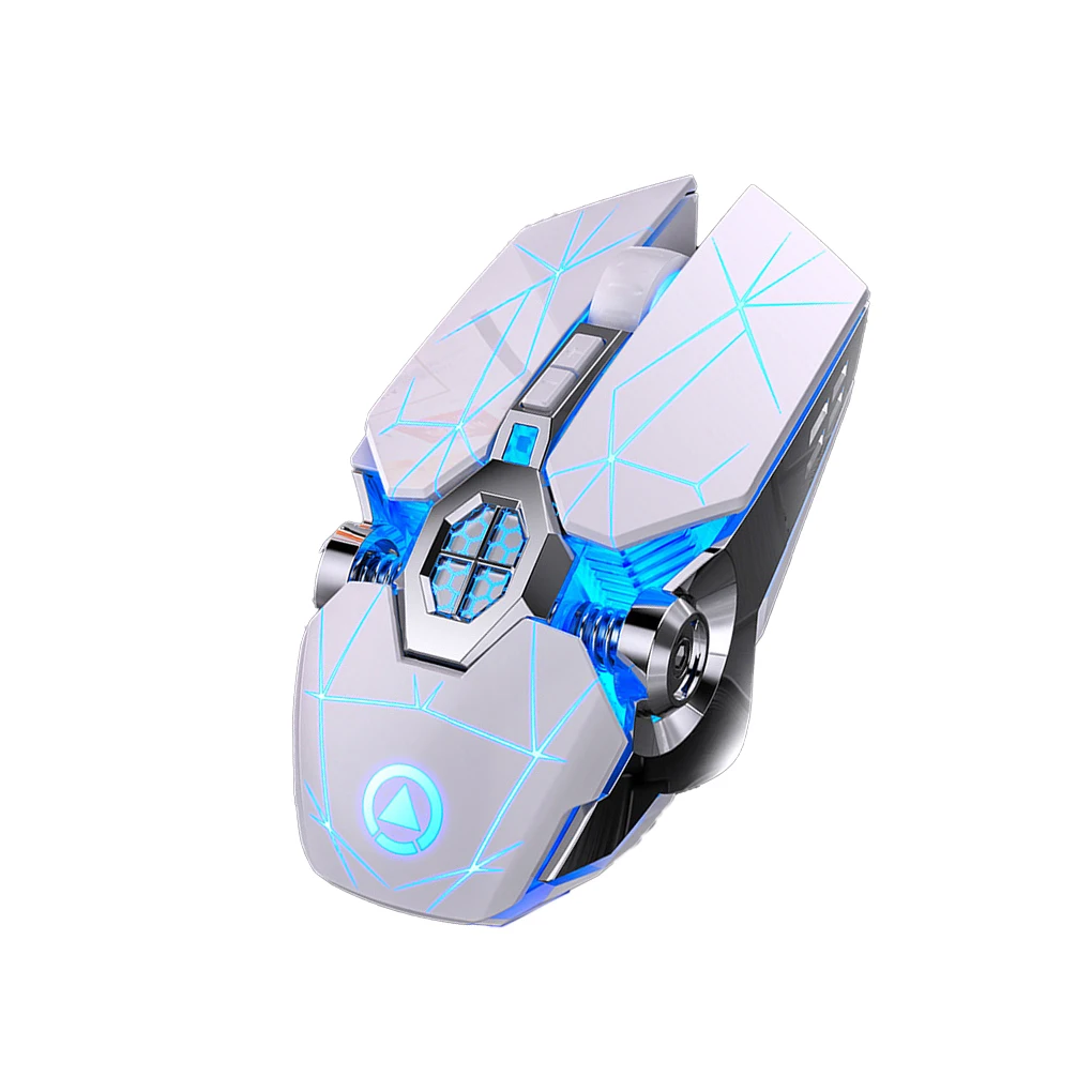 Un mouse de computadora blanco y azul con una luz azul