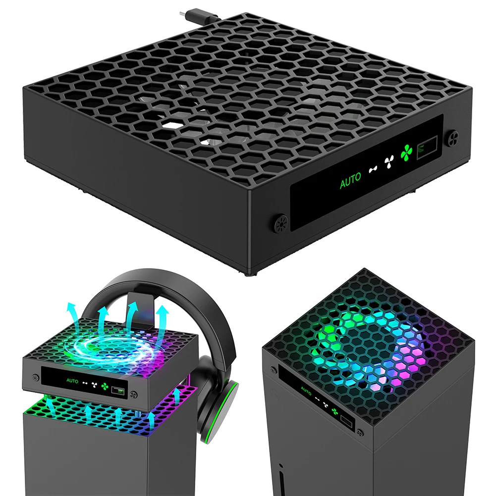 Ventilador de refrigeración RGB con soportes para auriculares, sistema de ventilador de refrigeración con control de temperatura, puerto USB, ventilador de disipación de calor para Xbox Series X
