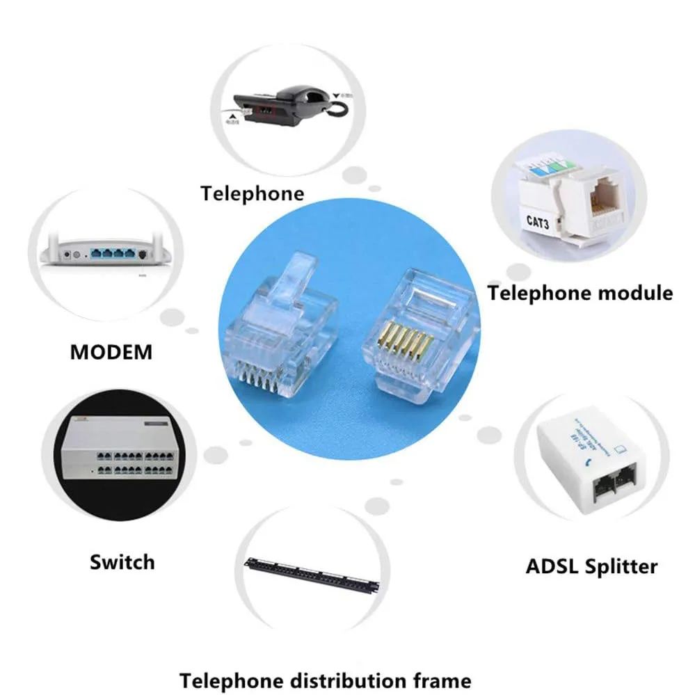 100 Uds 6P6C 4P4C RJ12 RJ9 conector Modular de cabeza de cristal conector de red chapado en oro para conectores de Cables de teléfono sólidos - imagen 3